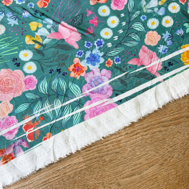 BLEMISHED Teal Bee Happy Blooms Viscose Fabric - Cut Length 3.3m x 137cm