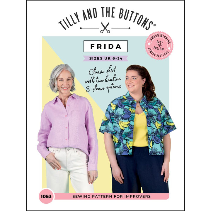 Sewing pattern cover for 'Frida' shirt with two hemline & sleeve options by Tilly and the Buttons.