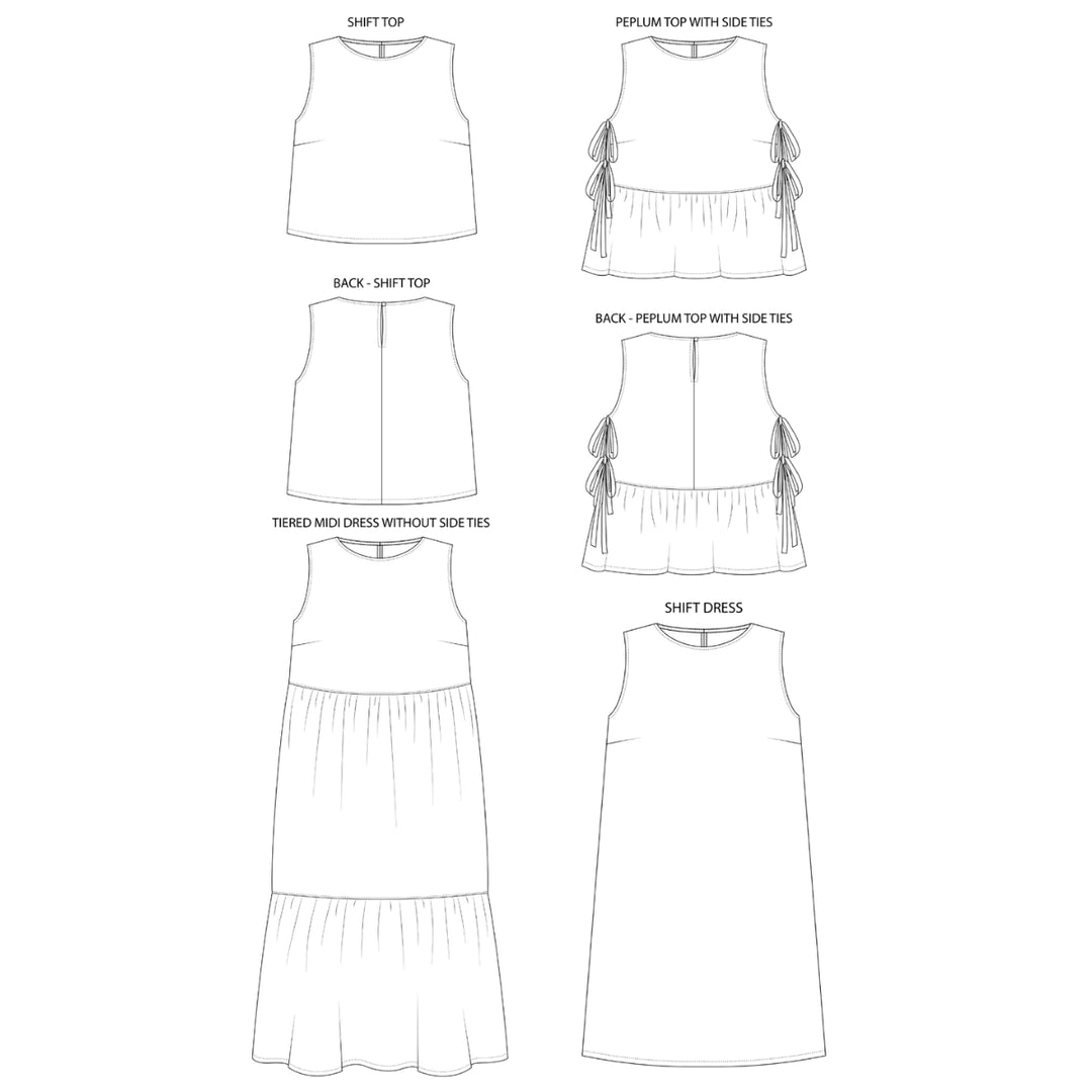 Line drawings of various women's tops and dresses on a white background