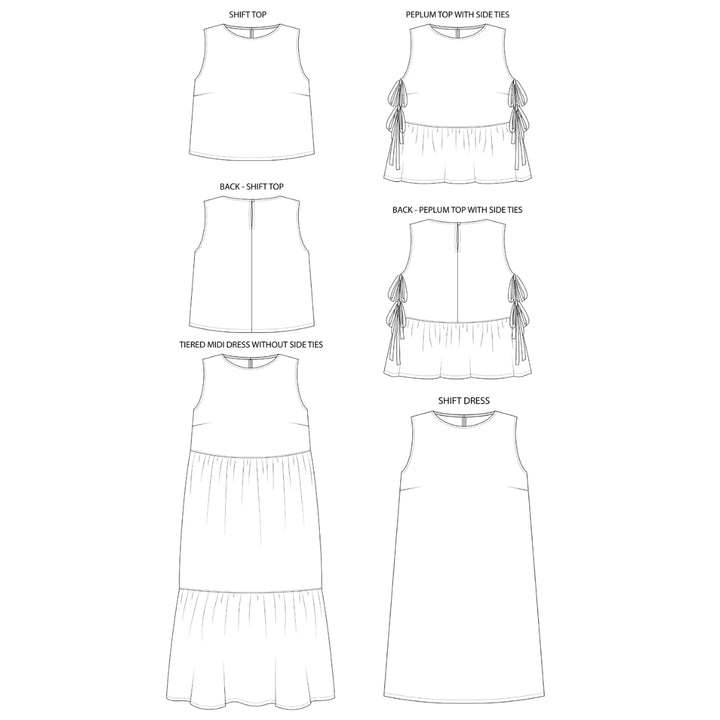 Line drawings of various women's tops and dresses on a white background