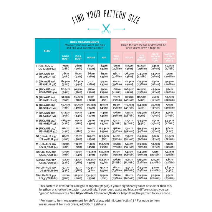 Pattern size chart for dresses with height, waist, and hip measurements.