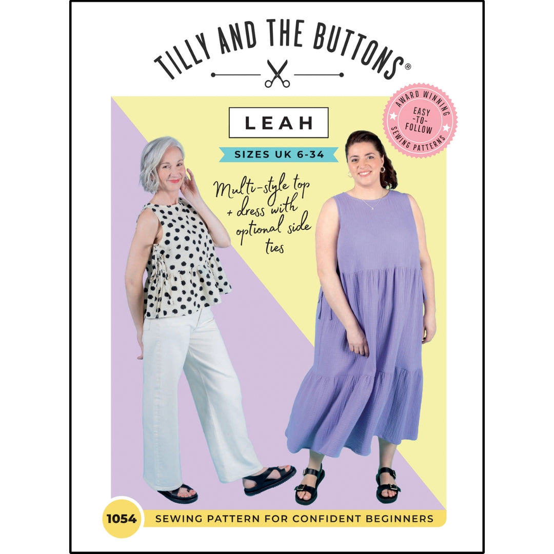 Sewing pattern cover for 'Leah' dress and top by Tilly and the Buttons with two models and text.