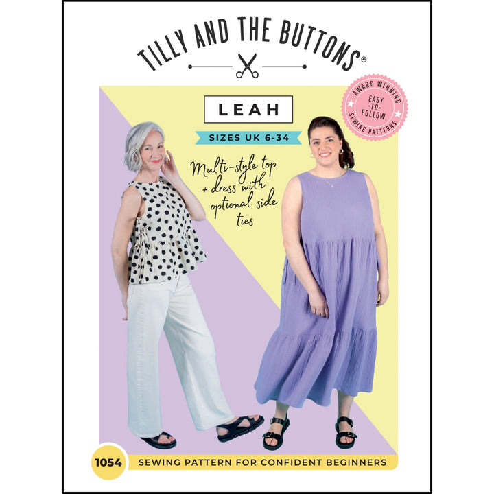 Sewing pattern cover for 'Leah' dress and top by Tilly and the Buttons with two models and text.