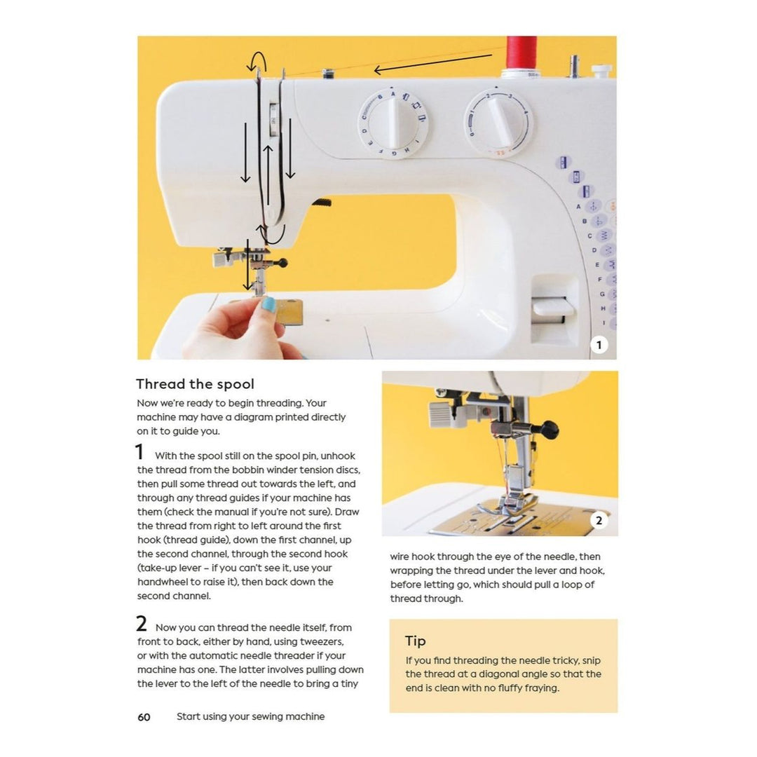 Sewing machine manual page with text and images on a yellow background