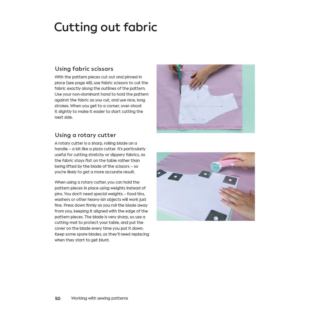 Page from a book or manual on cutting fabric with text and images of hands using scissors and a rotary cutter.