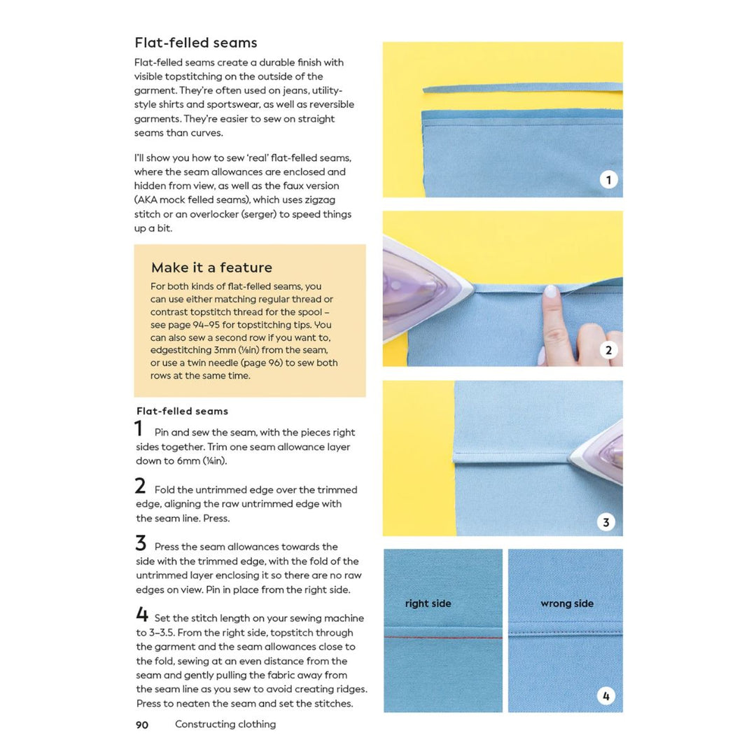 Instructions for flat-felled seams with text and diagrams on a white background