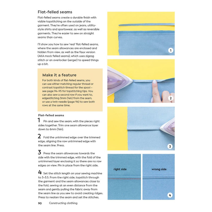 Instructions for flat-felled seams with text and diagrams on a white background