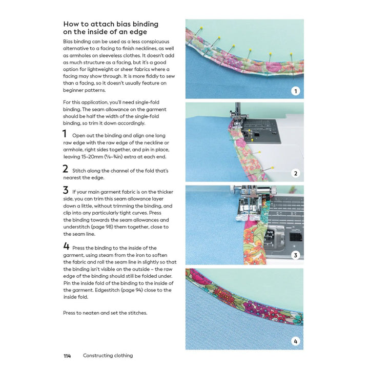 Instructions on attaching bias binding inside an edge with sewing machine images.