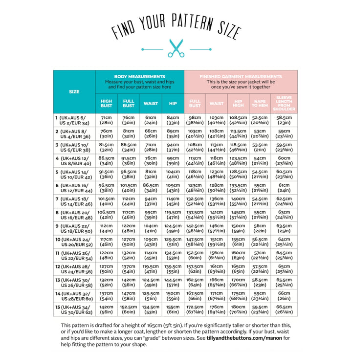 A size guide chart titled 'FIND YOUR PATTERN SIZE' with a teal ribbon icon. The chart includes a table labeled 'BODY MEASUREMENTS' showing measurements for size 1 through 16 in centimeters and inches for high bust, full bust, waist, and hip.