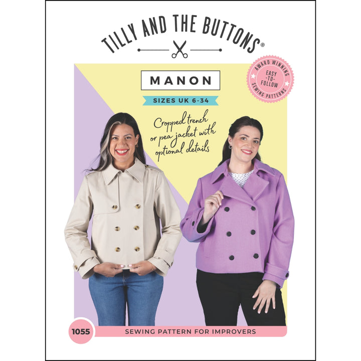 Tilly and the Buttons Sewing Pattern box for Manon, size UK 6-34. The packaging features a pastel geometric background and shows two women modeling cropped trench jackets, one in beige and one in lavender purple.