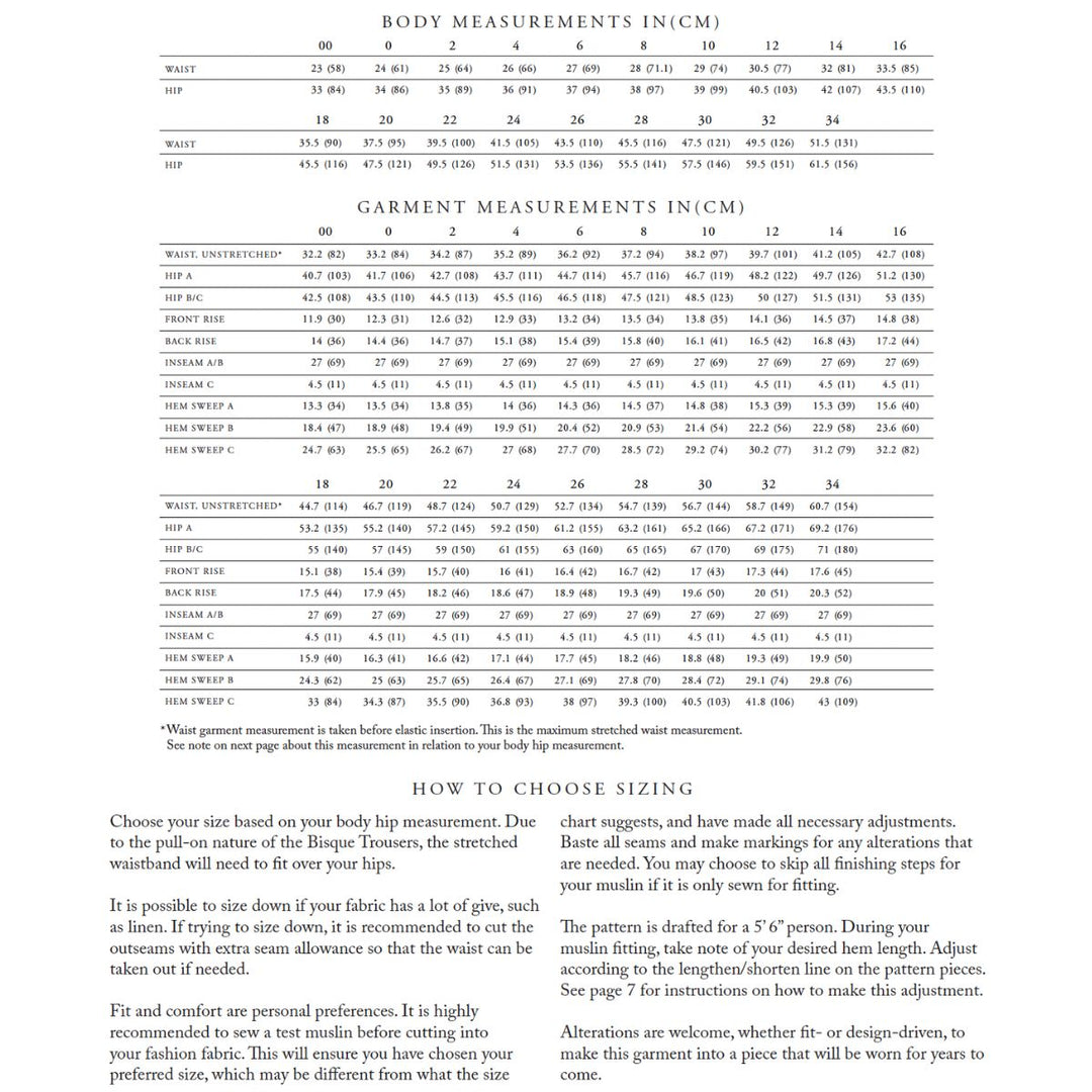 Measurement chart for body and garment dimensions in inches and centimeters with text instructions on choosing sizing.
