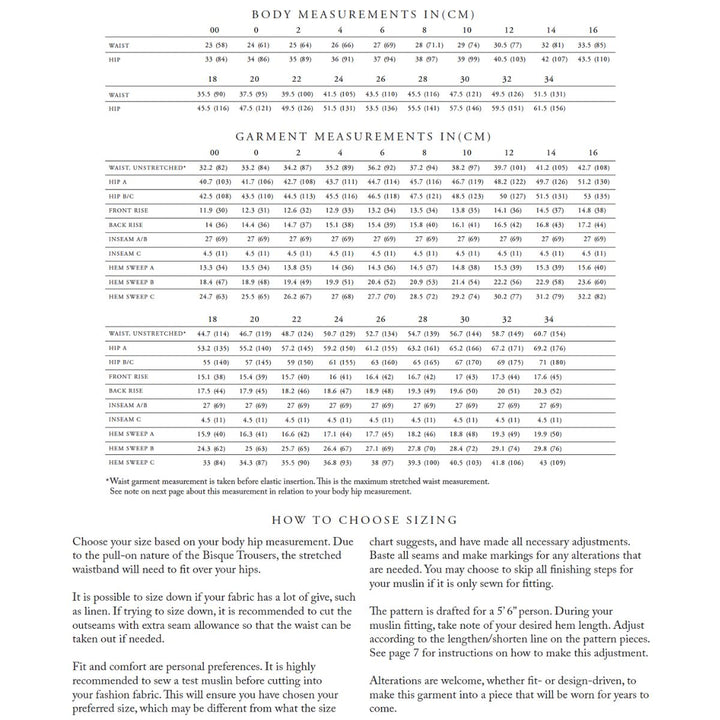 Measurement chart for body and garment dimensions in inches and centimeters with text instructions on choosing sizing.