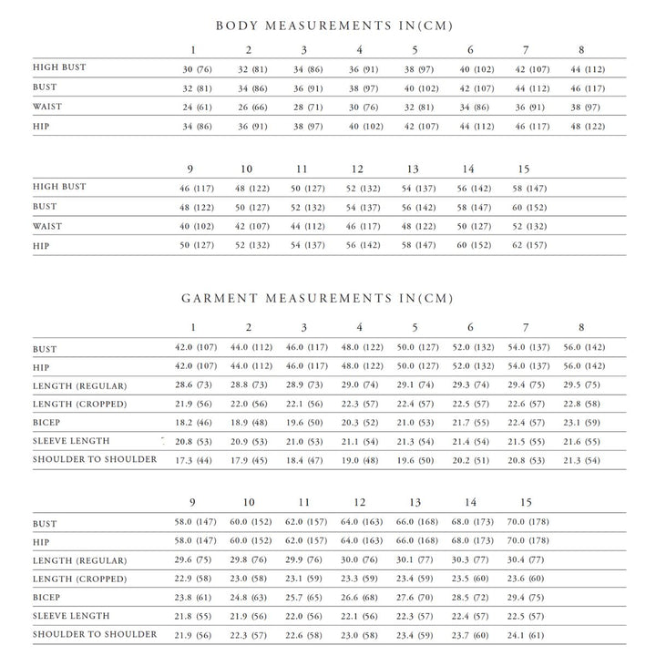 Measurement chart for body and garment dimensions in centimeters