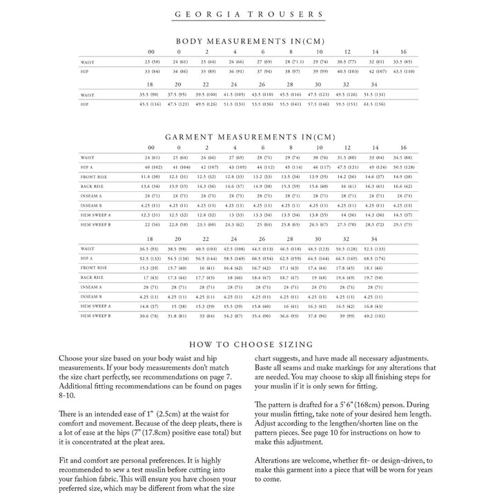 Measurement chart for Georgia Trousers with body measurements in inches and centimeters.