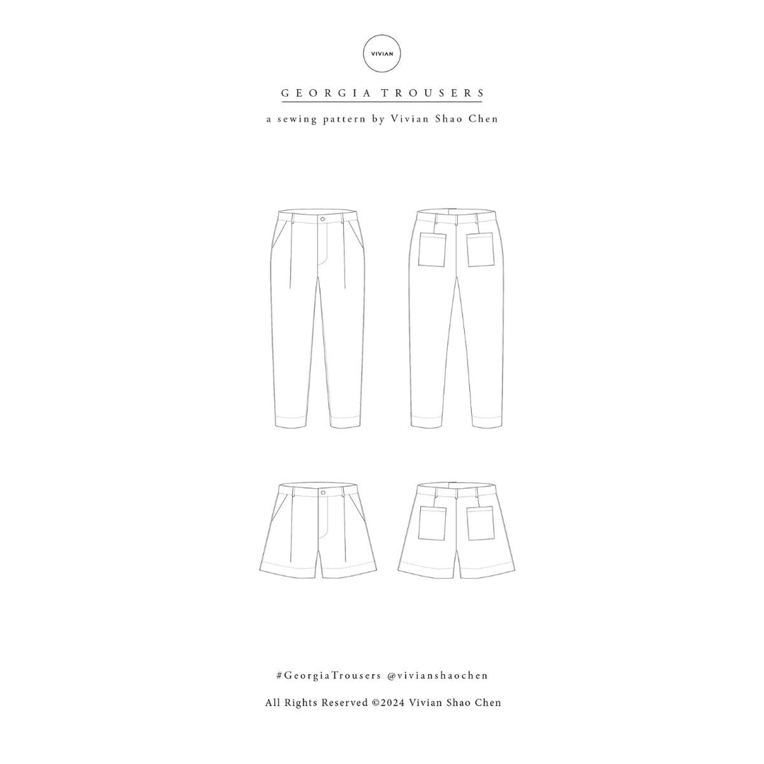 Line drawings of Georgia Trousers sewing pattern on a white background