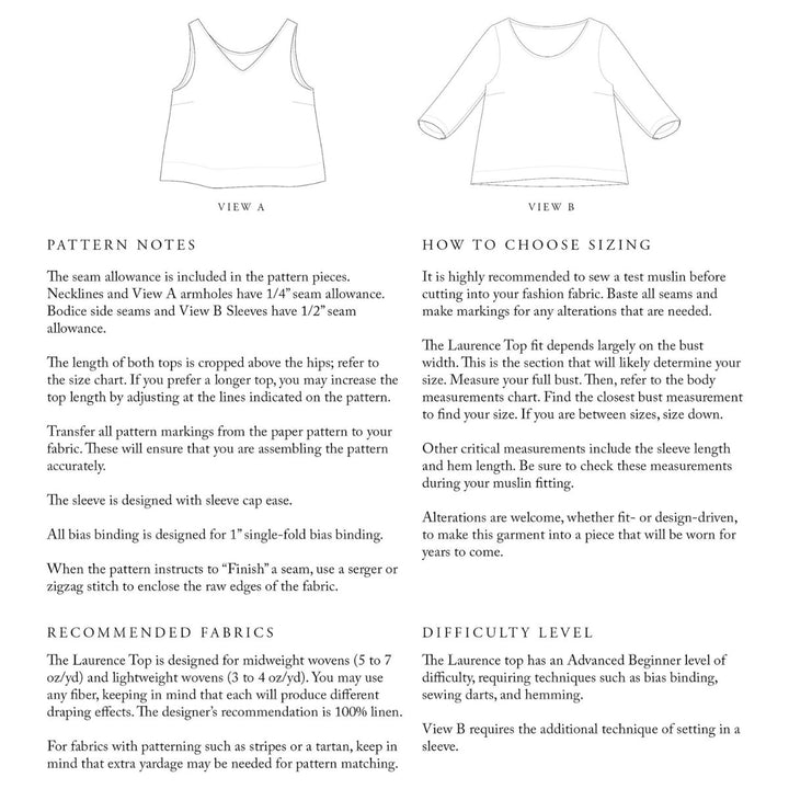 Laurene Top pattern layout with two views and pattern notes on a white background