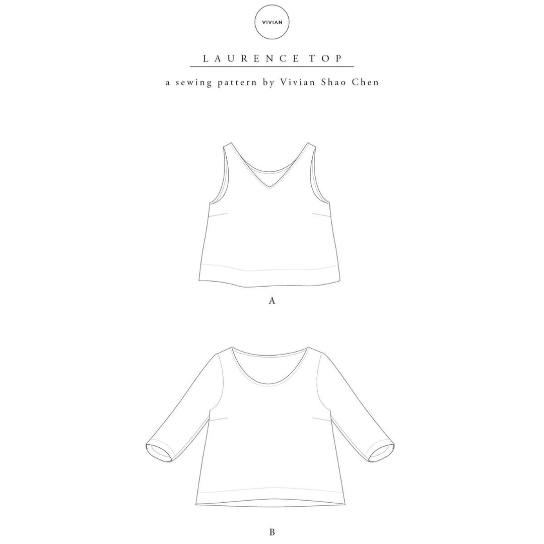 Sewing pattern for 'Laurence Top' by Vivian Shao Chen with two top designs on a white background.