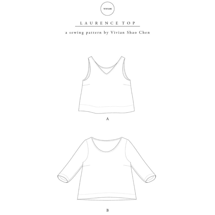 Sewing pattern for 'Laurence Top' by Vivian Shao Chen with two top designs on a white background.
