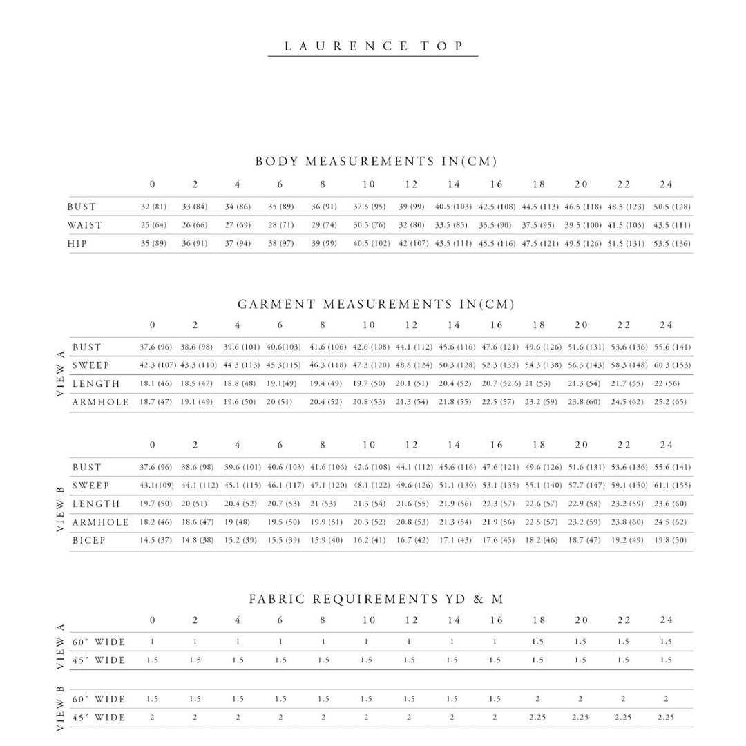 Measurement chart for a Laurence top with body, garment, and fabric requirements.