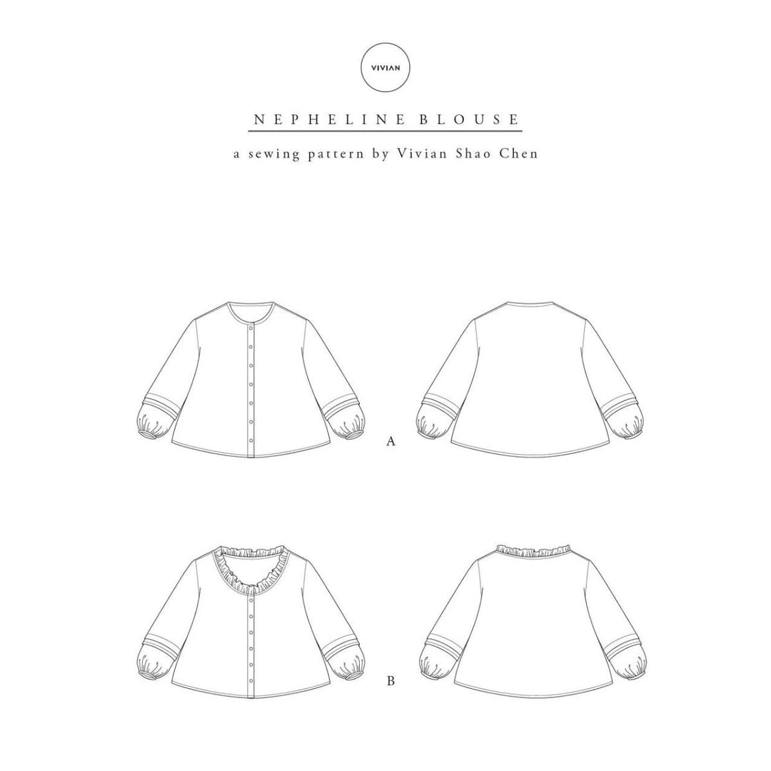 Sewing pattern for a blouse with front, back, and side views on a white background.