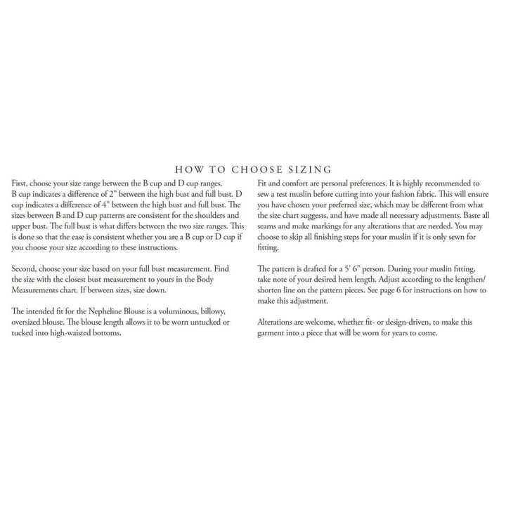 Text instructions on how to choose sizing for a garment