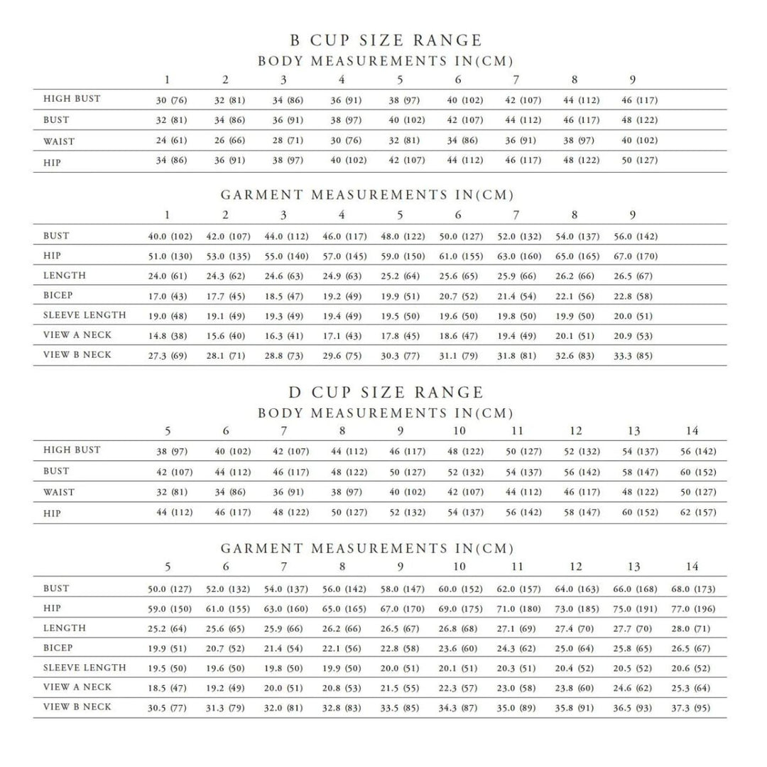 Measurement chart for B and D cup sizes with body and garment measurements in centimeters.