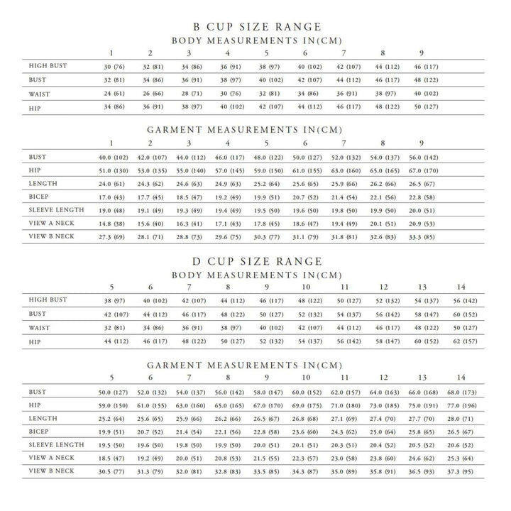 Measurement chart for B and D cup sizes with body and garment measurements in centimeters.