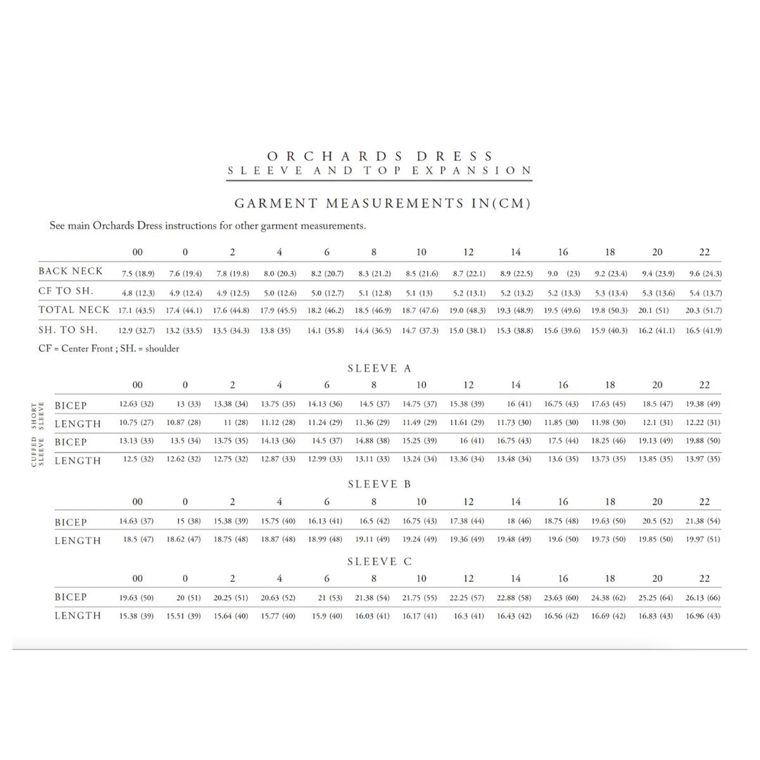 Orchards Dress sleeve and top expansion measurement chart on a white background