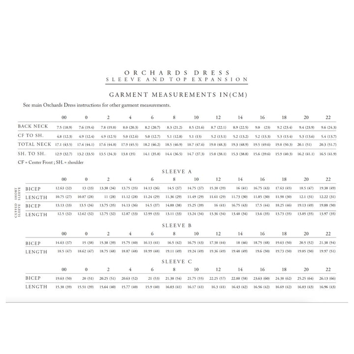 Orchards Dress sleeve and top expansion measurement chart on a white background