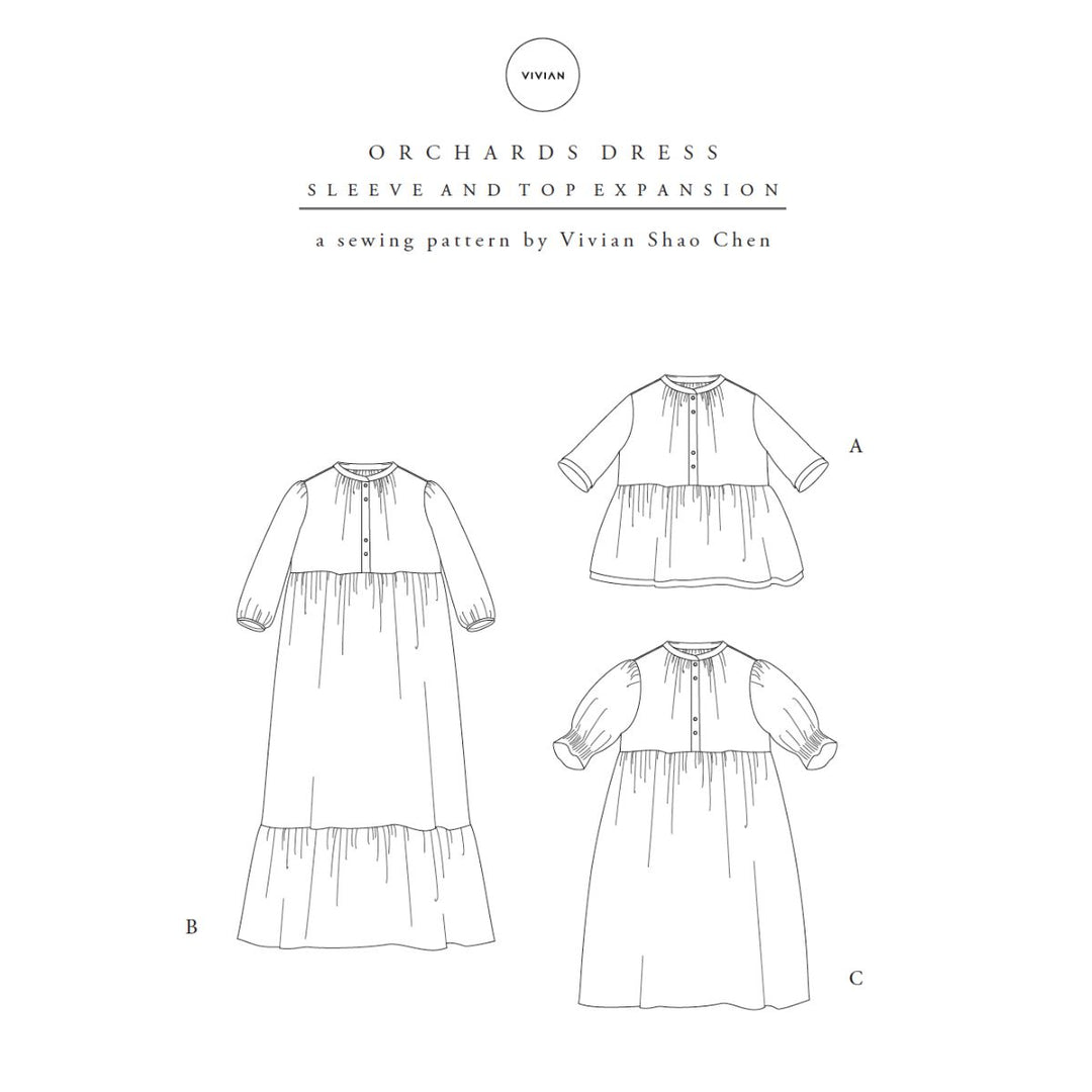 Sewing pattern diagram for 'Orchards Dress' with sleeve and top expansion by Vivian Shao Chen.