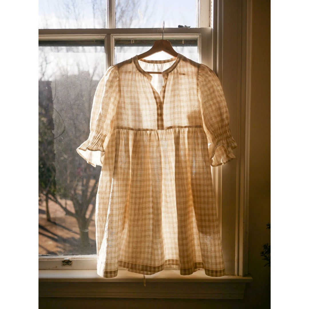 Checkered dress hanging in front of a window with natural light.