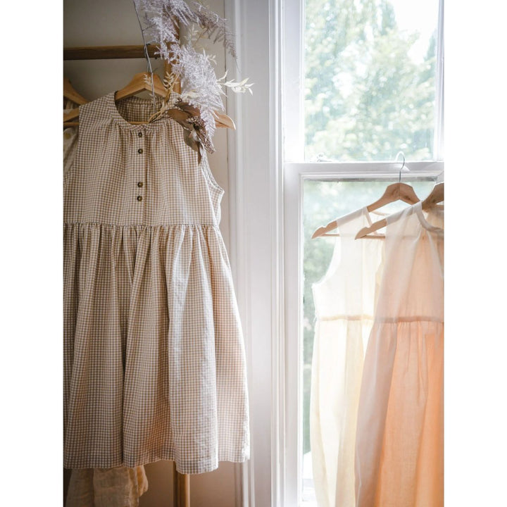 Checkered dress hanging on a rack with a window in the background