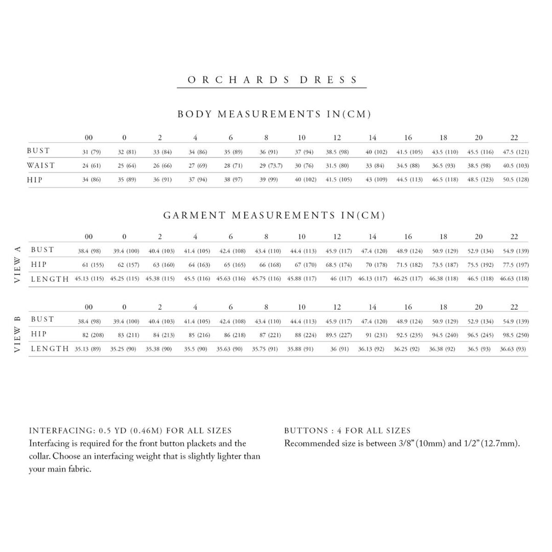 Measurement chart for 'Orchards Dress' with body and garment measurements in centimeters.