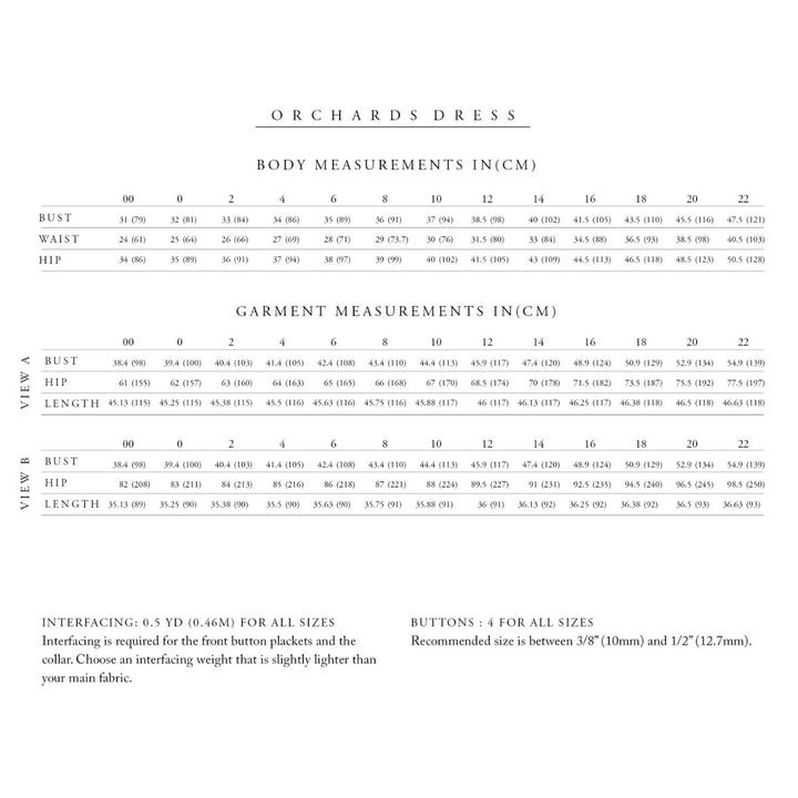 Measurement chart for 'Orchards Dress' with body and garment measurements in centimeters.