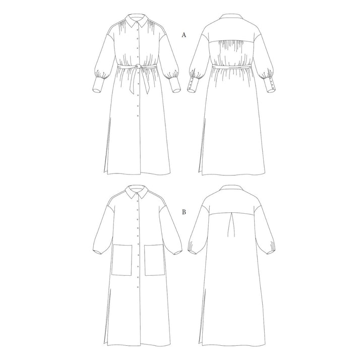 Line drawing of a long dress from multiple angles on a white background