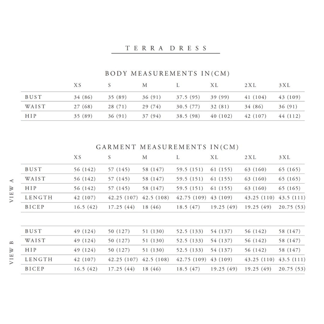 Measurement chart for 'Terra Dress' with body and garment dimensions.